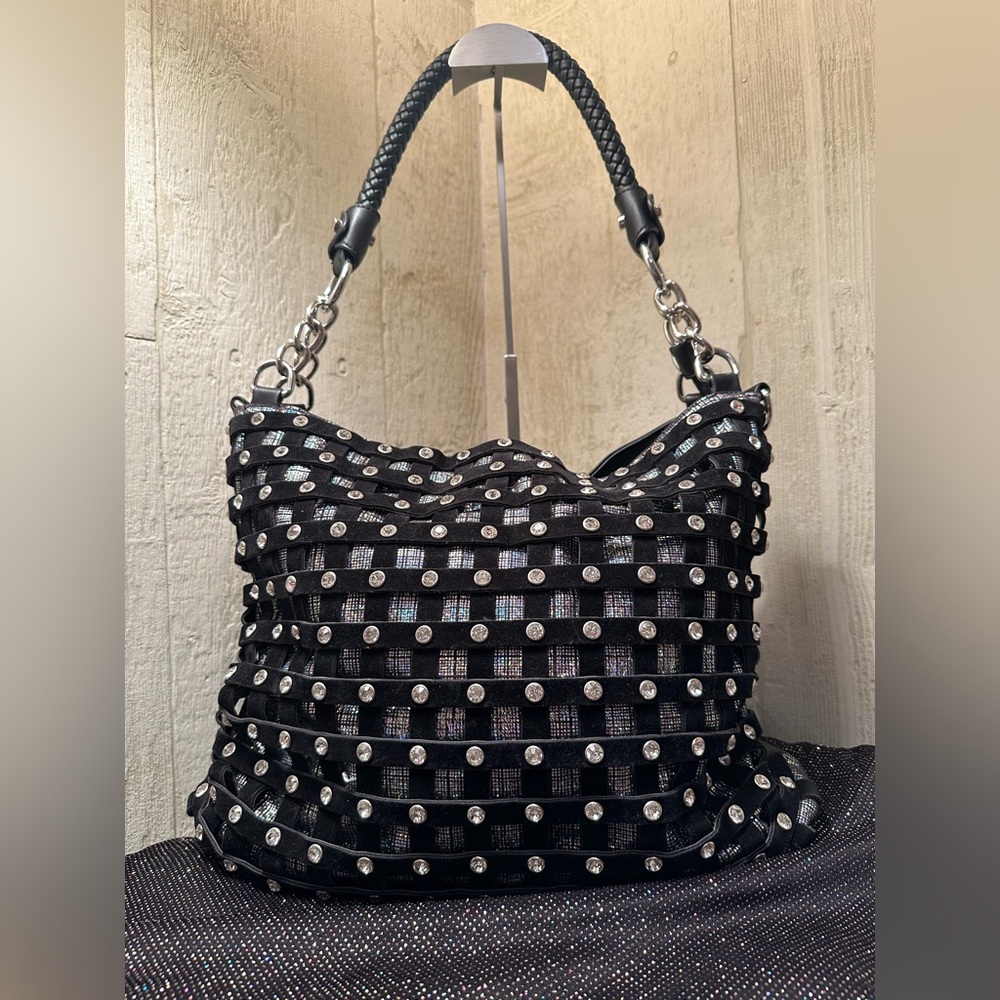 Black Studded Shoulder Bag with Braided Handle